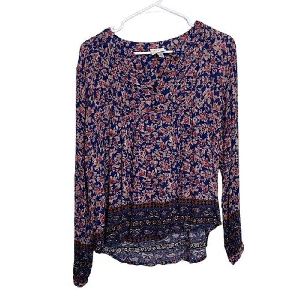 Knox Rose Blue Floral Quarter Button Down Long Sleeve Blouse Size M Women
